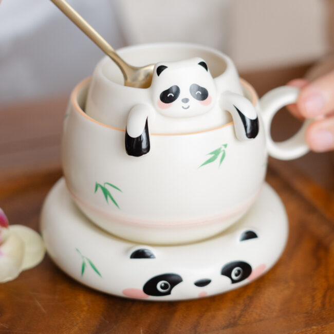 Panda Ceramic Teacup – with Infuser & Coaster (Chinese Style Teaware) Inteaviva5